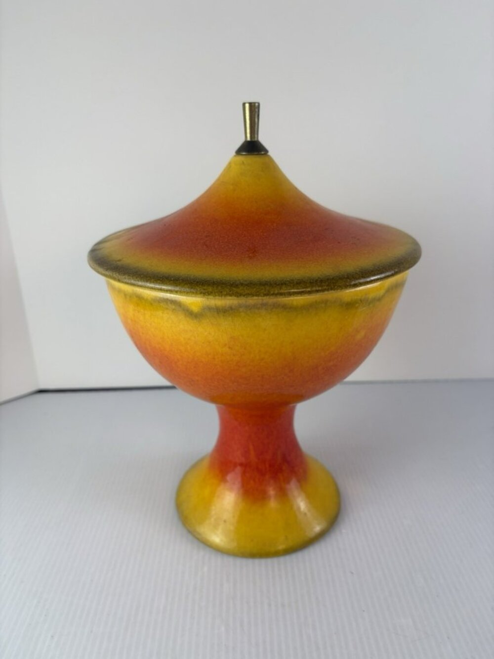 MCM Royal Haeger Covered Compote Candy Dish Atomic Amberina Orange 1730 CHIP